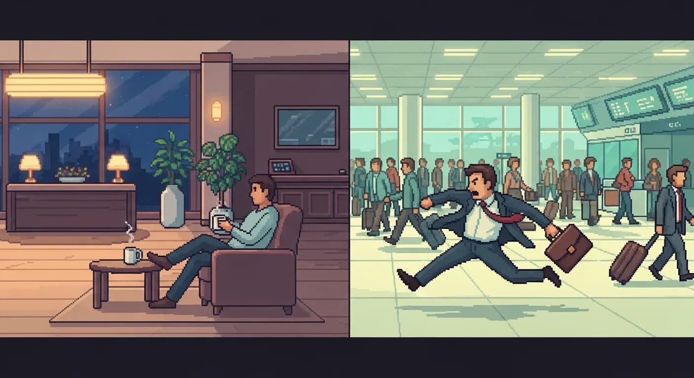Разделённая сцена в аэропорту — слева спокойный путешественник с кофе в лобби отеля накануне вечером; справа — бизнесмен в панике бежит по переполненному терминалу, пиджак развевается.