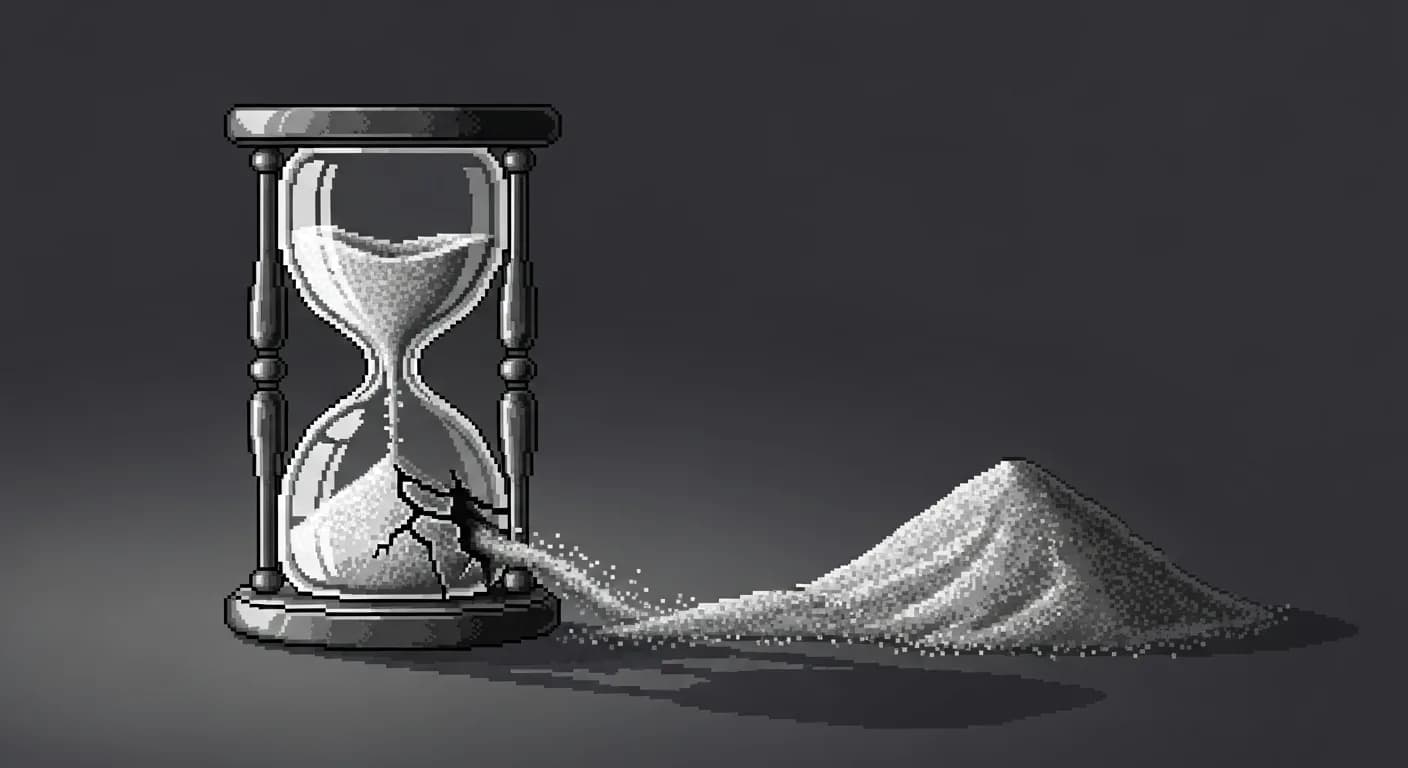 Дорога, уходящая за горизонт, с одиноким автомобилем: левая часть пути коротка и упирается в стену, а правая бесконечно тянется в туман и темноту — визуализация асимметричного распределения времени выполнения задач.