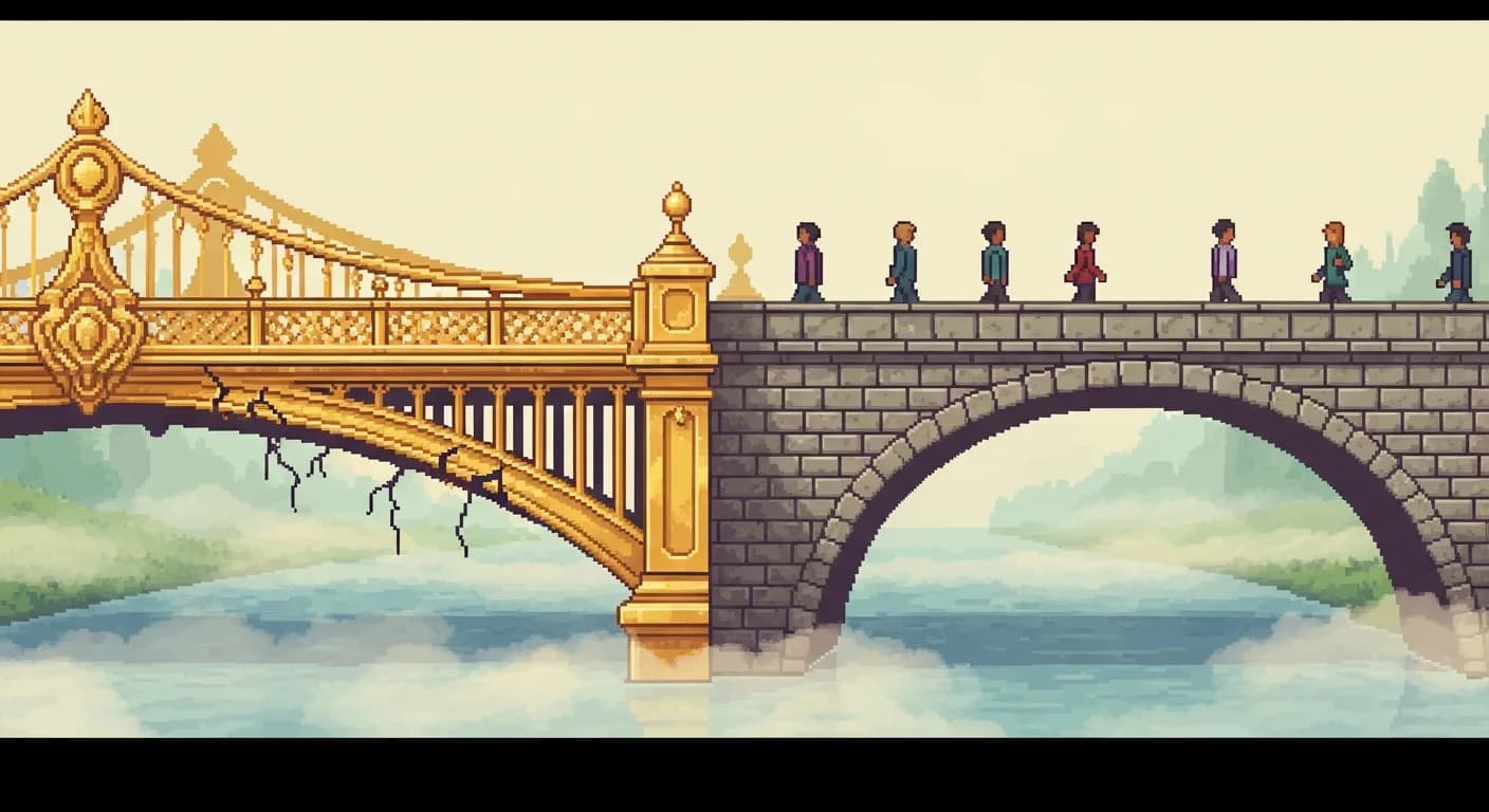 Два моста через реку в тумане — один золотой и нарядный, но с трещинами, другой — простой каменный, по которому уверенно идут люди.